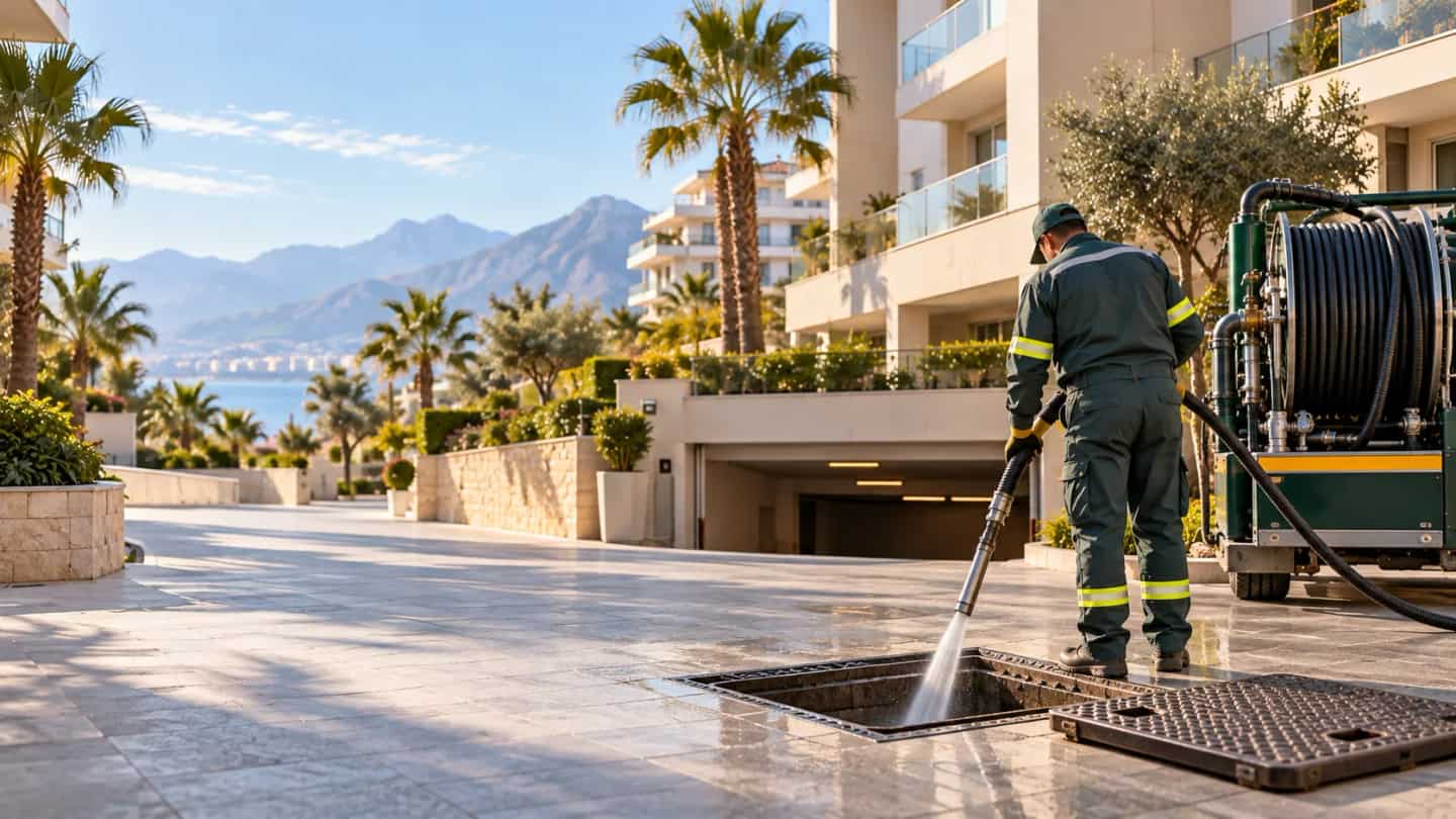 Site bahçesinde açılmış logar, yüksek basınçlı suyla yıkanıyor