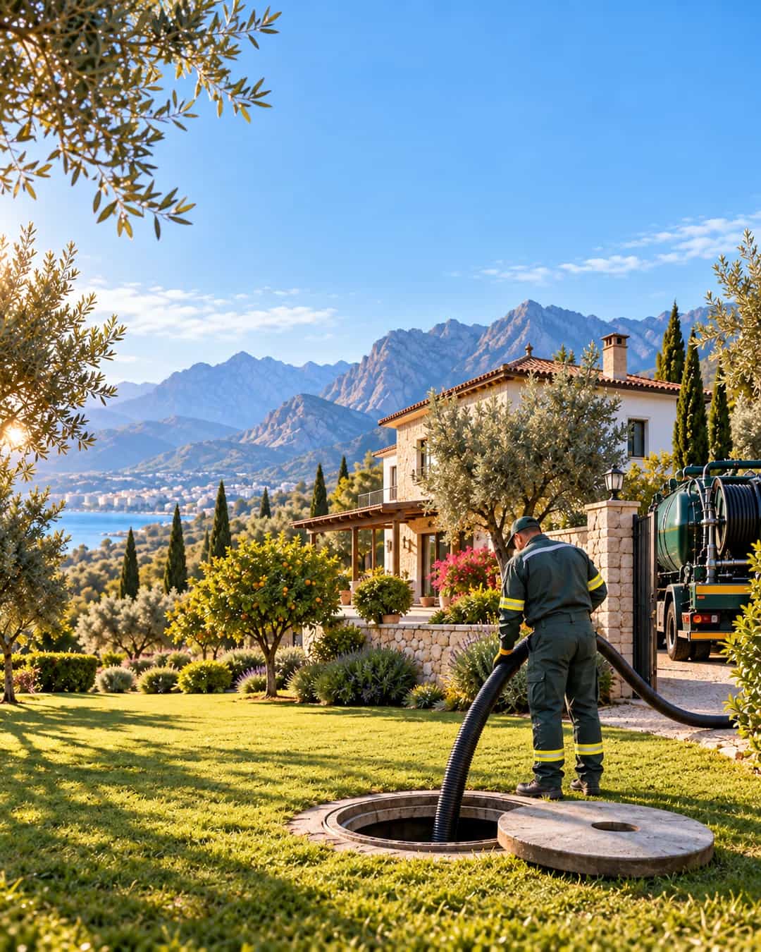 Villa bahçesinde açık foseptik kapağı ve vidanjör hortumu